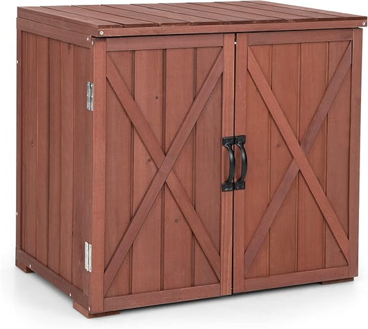 Casetta da Giardino in Legno di Abete, Capanno da Esterno con Doppie Ante Magnetiche e Comode Maniglie, Ideale per Giardino, Giardino, Fattoria e Cortile, 77 x 56 x 72 cm