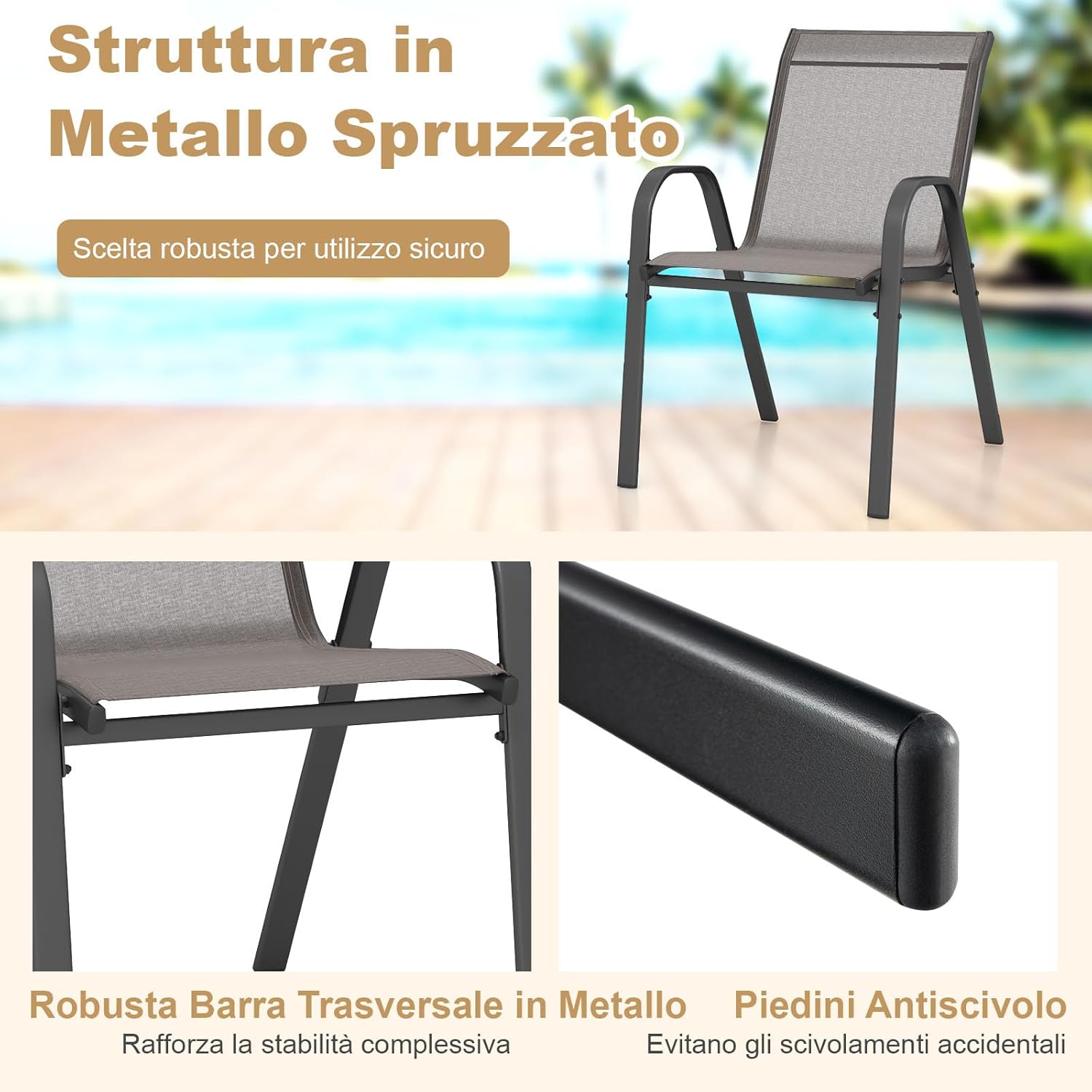 Set di 2/4 Sedie da Giardino, Poltrone in Tessuto Textilene per Esterno, Sedie Impilabili con Gambe in Metallo, Portata 150 kg, 56 x 70 x 84 cm (Grigio,2)