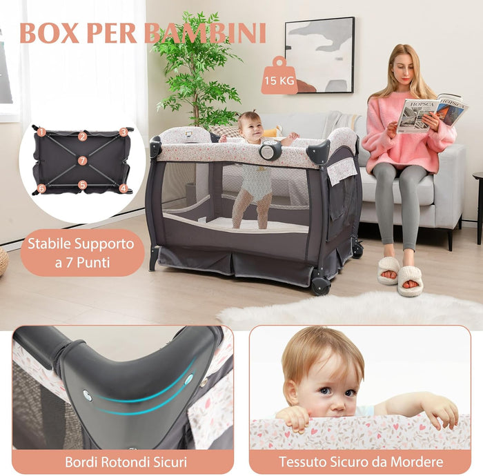 4 in 1 Lettino da Campeggio con Fasciatoio, Lettino Pieghevole per Bambini con Materasso, Centro Neonati con Culla, Box Musicale, Cappottina Regolabile, Borsa da Viaggio (Fiore Piccolo)