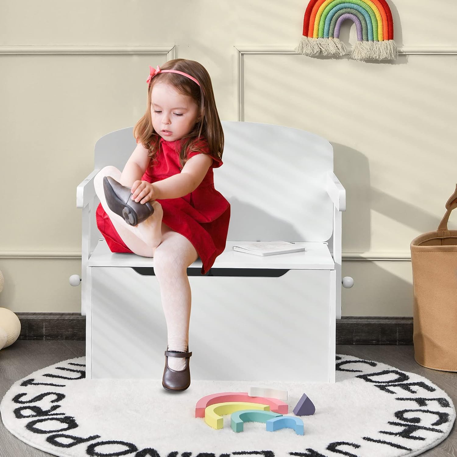 Cassapanca Contenitore 3 in 1 per Bambini Trasformabile in Legno con Scatola dei Giocattoli, Tavolo bambini con Sedie Multifunzione per 3-7 Anni (Bianco)
