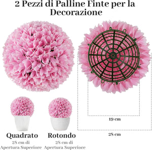 Set di 2 Piante Finte Sfera di Bosso 28 cm per Vaso, Palla di Topiarie Sintetica in PE da Giardino, Piante Artificiali Decorative Arredamento da Interno ed Esterno (Rosa)