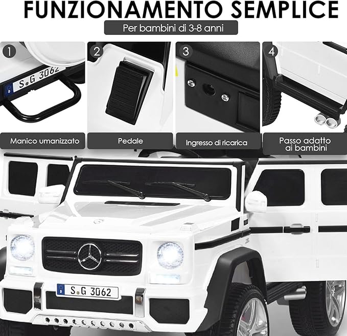 Mercedes Benz Macchina Elettrica per Bambini 12V, Veicolo Elettrico con Luci LED e Chiusura di Sicurezza, Macchina Cavalcabile per Bambini 3-8 Anni (Bianco)