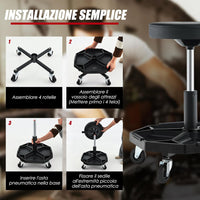 Sgabello da Officina con Ruote, con Ripiano per Attrezzi e Viti, Portata di 150 kg, Altezza Regolabile e Girevole, Sedia Meccanico per Garage, Officina (Nero)
