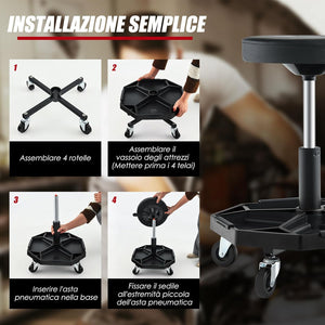 Sgabello da Officina con Ruote, con Ripiano per Attrezzi e Viti, Portata di 150 kg, Altezza Regolabile e Girevole, Sedia Meccanico per Garage, Officina (Nero)