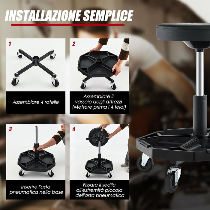 Sgabello da Officina con Ruote, con Ripiano per Attrezzi e Viti, Portata di 150 kg, Altezza Regolabile e Girevole, Sedia Meccanico per Garage, Officina (Nero)