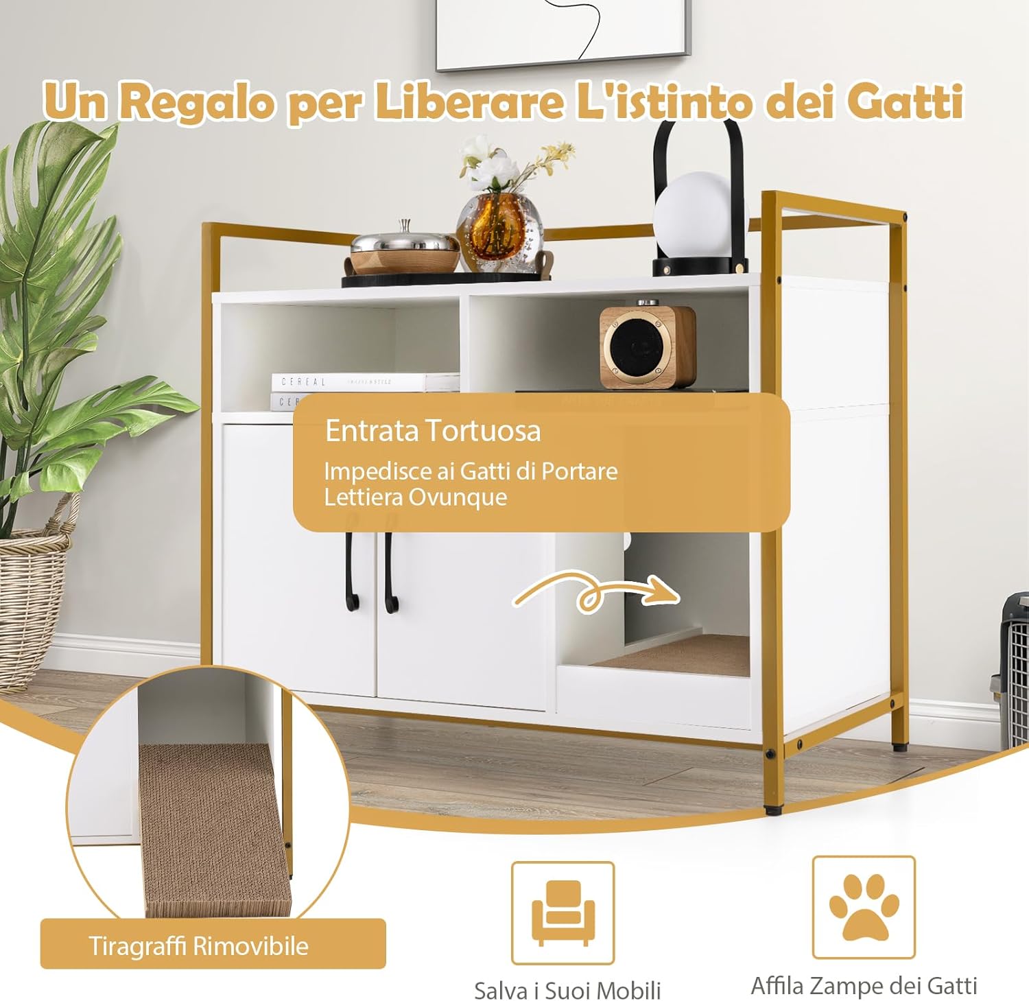Mobile per Lettiera Gatti con Ripiani Aperti e Ripiani Chiusi con Maniglie, Mobiletto Multiuso in Legno e Metallo, Ideale per Ingresso e Soggiorno, Portata 50 kg (Bianco)