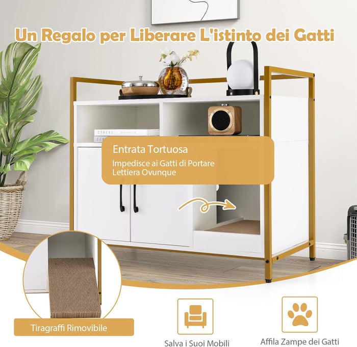 Mobile per Lettiera Gatti con Ripiani Aperti e Ripiani Chiusi con Maniglie, Mobiletto Multiuso in Legno e Metallo, Ideale per Ingresso e Soggiorno, Portata 50 kg (Bianco)