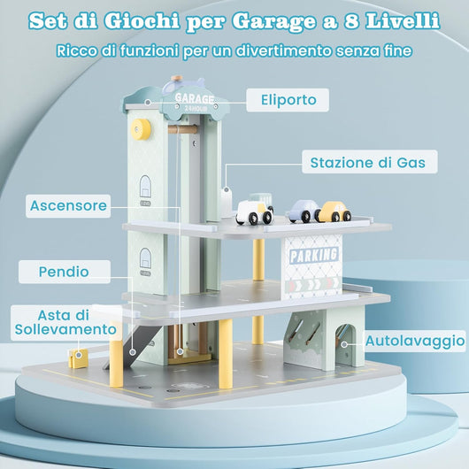 Set di Gioco Garage per Parcheggio, Garage di Giocattolo in Legno a 3 Strati con 4 Auto, Stazione di Servizio, Ascensore, Barra di Sollevamento, per Bambini di 3+ Anni