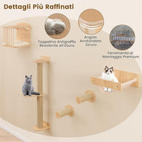 Mensole da Parete per Gatti da Arrampicata, Set Mobili a Murocon 4 Livelli, Amaca, Posto per Graffiare e Tappetini, Albero Tiragraffi Salvaspazio (Modello 5)