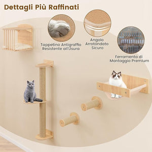 Mensole da Parete per Gatti da Arrampicata, Set Mobili a Murocon 4 Livelli, Amaca, Posto per Graffiare e Tappetini, Albero Tiragraffi Salvaspazio (Modello 5)