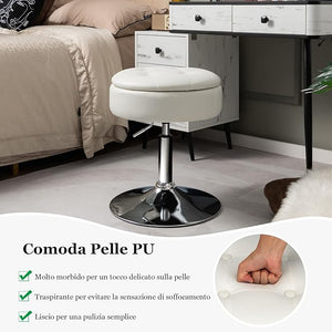 Sgabello Girevole Altezza Regolabile con Portaoggetti, Poggiapiedi Sgabelli da Trucco, Tavolino da Caffè, Sgabello da Lavoro Rotondo in Finta Pelle per Bar, Ufficio, Soggiorno, Camera (Bianco)