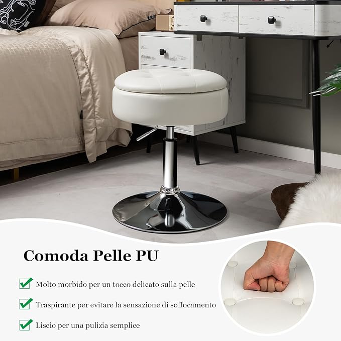 Sgabello Girevole Altezza Regolabile con Portaoggetti, Poggiapiedi Sgabelli da Trucco, Tavolino da Caffè, Sgabello da Lavoro Rotondo in Finta Pelle per Bar, Ufficio, Soggiorno, Camera (Bianco)