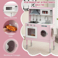 COSTWAYCucina Giocattolo con Cappa e Lavatrice, Cucina Giocattolo con Accessori Adorabili Suoni e Luci Reali, Set Cucina Chef in Legno per Bambini, Regalo per Età 3+ Rosa