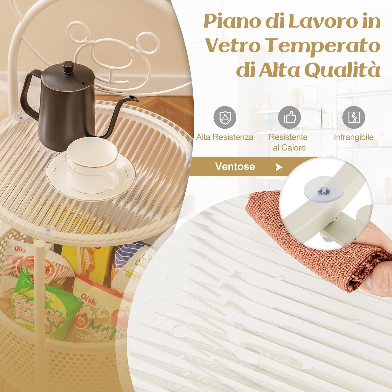 Tavolino da Caffè in Vetro, Tavolino Laterale a 2 Piani con Ruote, Motivo ad Orso, Cestino e Struttura in Metallo, Tavolino per Soggiorno, Camera da Letto e Studio (Bianco)