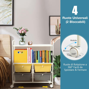 Carrello con 4 Cassetti e 2 Ripiani, Carrello Portaoggetti con Ruote per Cucina Bagno Ufficio, Multiuso, 58,5x37x75 cm (Giallo+Grigio)