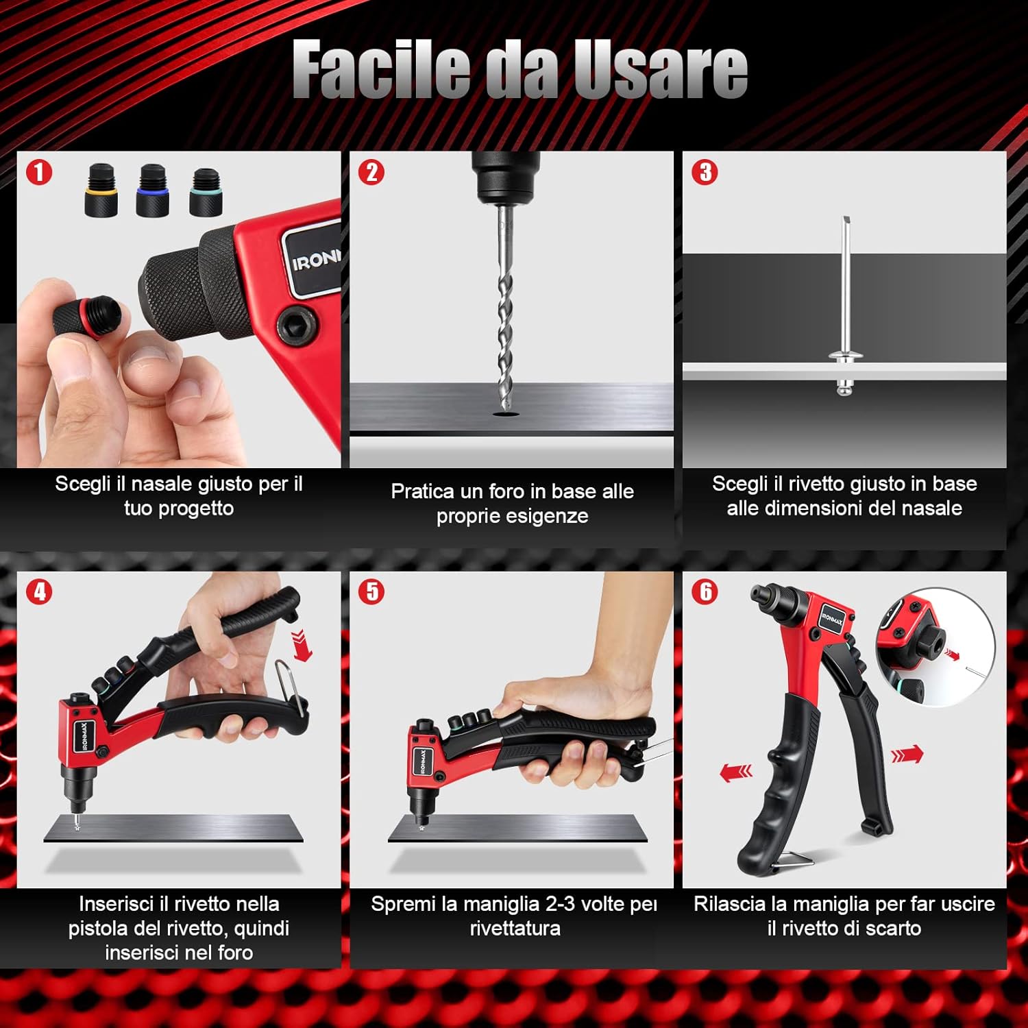 Rivettatrice Manuale con 4 Testa Intercambiabile, Pistola per Rivetti con 200 Pezzi Rivetti e Custodia per il Trasporto, per Automobili, Ferrovie, Mobili, Strumenti