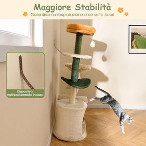 Tiragraffi per Gatto Alto 114 cm Forma di Fiore, Albero Tiragraffi Gatto con Amaca, Grotta e Palla Pompon, Torre Tiragraffi per Gatti con Pali e Tavola in Sisal, Verde e Beige