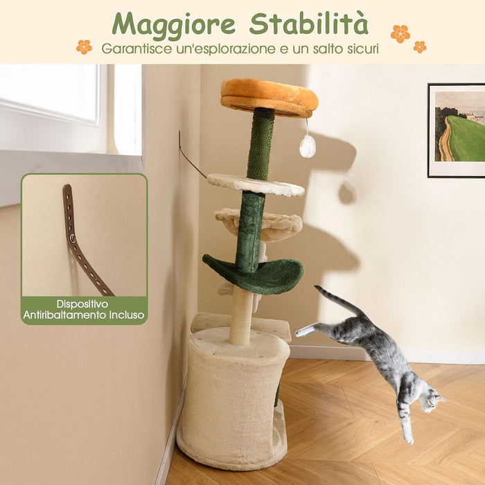 Tiragraffi per Gatto Alto 114 cm Forma di Fiore, Albero Tiragraffi Gatto con Amaca, Grotta e Palla Pompon, Torre Tiragraffi per Gatti con Pali e Tavola in Sisal, Verde e Beige