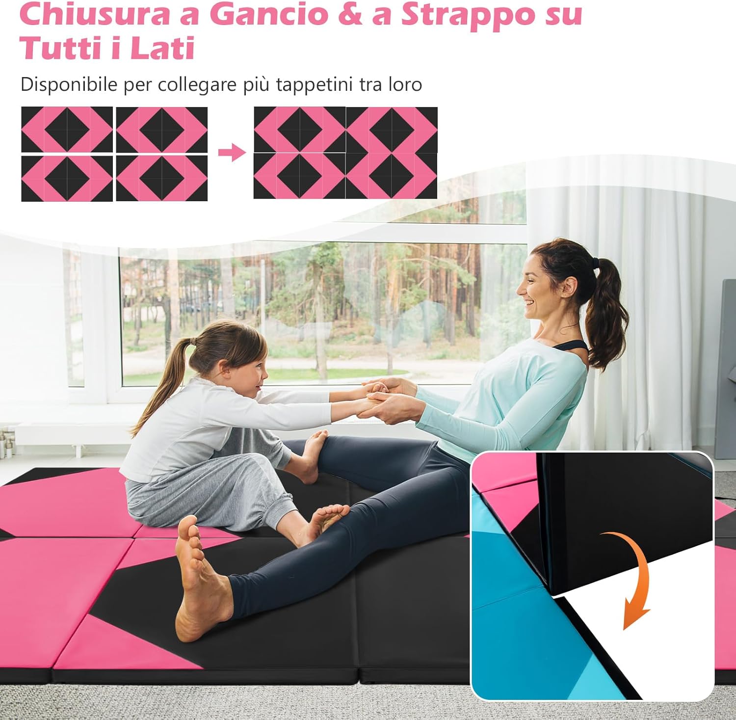 Tappetino Ginnastica Pieghevole 300 CM, Tappetino a 4 Pannelli in Similpelle con Gancio, Chiusure a Strappo e Maniglie per Ginnastica, Yoga e Allenamenti da Casa e Palestra