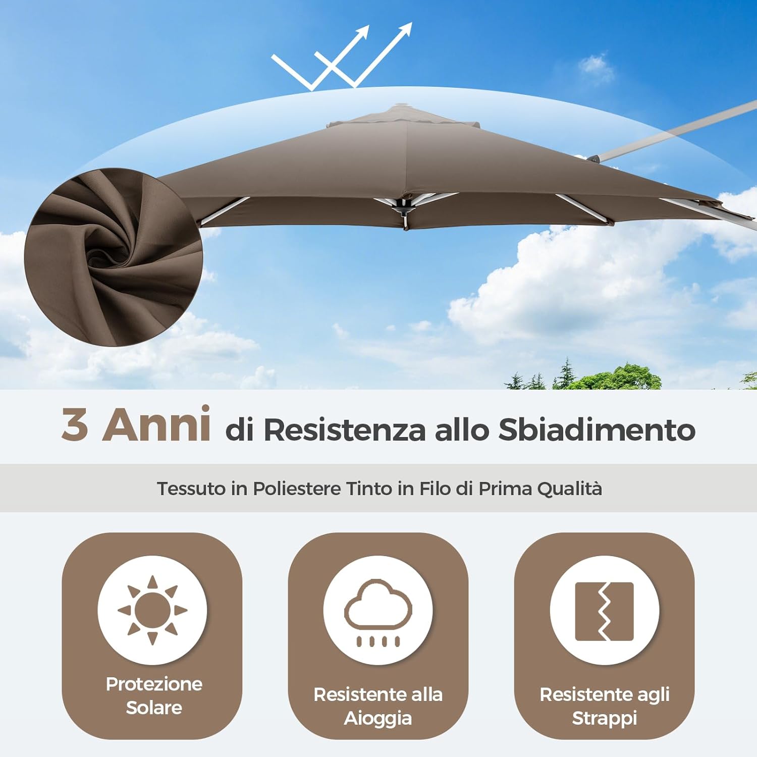 Ombrellone da Giardino 339 cm, Ombrello da Giardino Rotondo con Rotazione a 360°, Ombrellone da Giardino Inclinabile con Base, Ombrello da Sole per Giardino, Patio (Caffè)