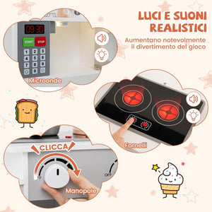 Cucina Giocattolo Angolare con Fornelli e Micronde da Suoni e Luci, Cucina per Bambini in Legno con Macchina Caffè, Lavandelo, Forno e Lavatrice, Set Cucina con Accessori (Bianco)
