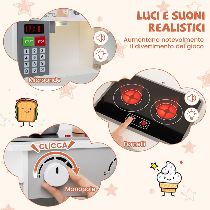 Cucina Giocattolo Angolare con Fornelli e Micronde da Suoni e Luci, Cucina per Bambini in Legno con Macchina Caffè, Lavandelo, Forno e Lavatrice, Set Cucina con Accessori (Bianco)