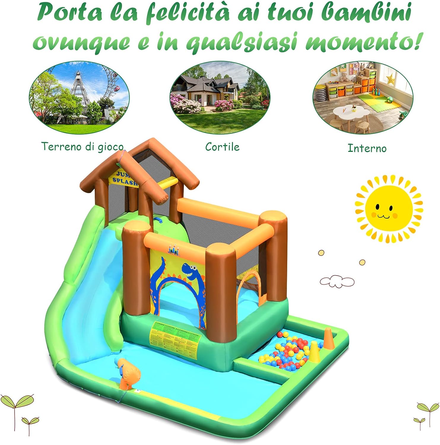Castello Gonfiabile per Bambini, Parco Acquatico con Scivolo per Bambini, Piscina Trampolino e Palline, con Borsa da Trasporto, per 5 Bambini 3-10 Anni (con Compressore)