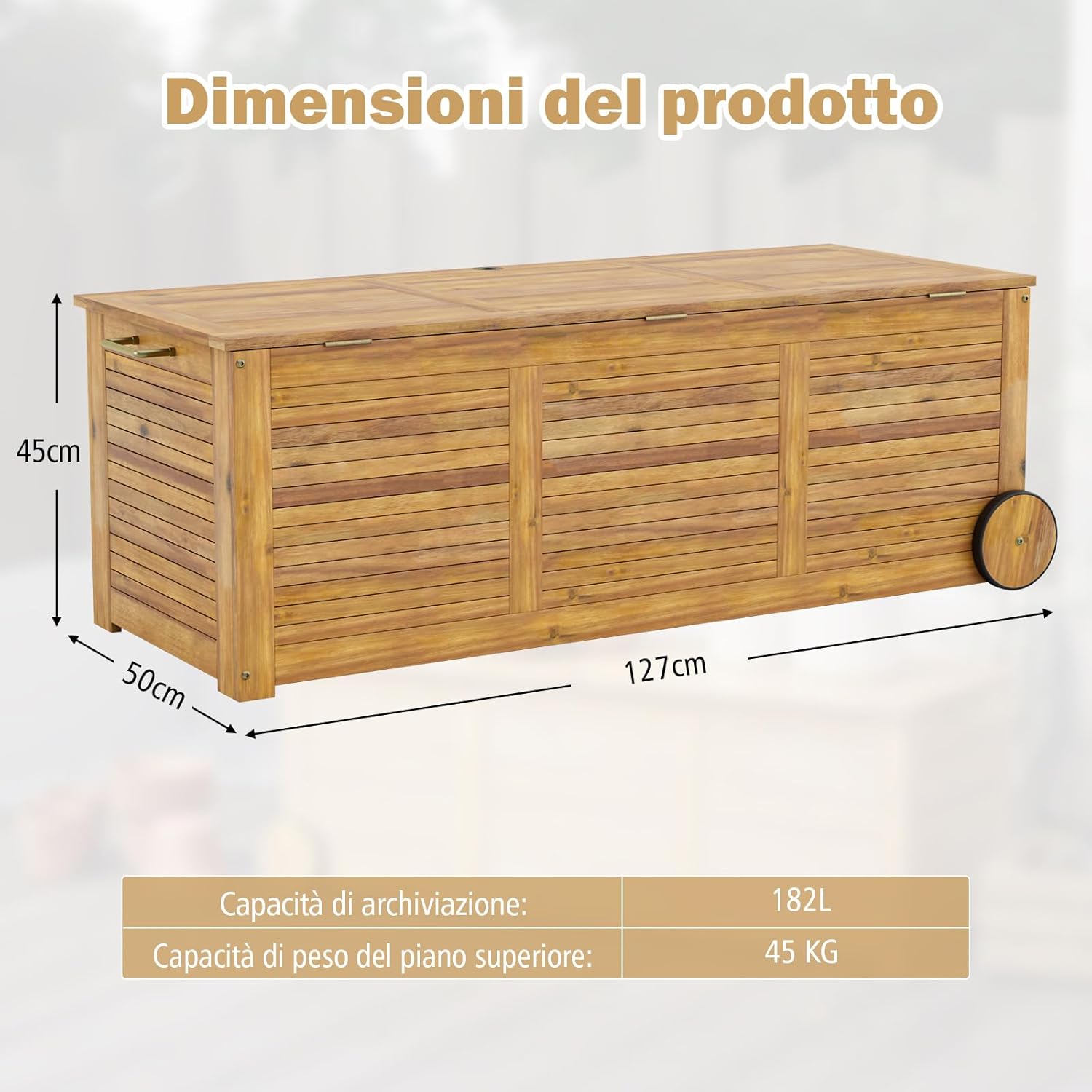 Baule da Esterno con Ruote 182 L, Contenitore da Giardino con Maniglia Laterale, Panca Contenitore in Legno, per Interni e Esterni, 127 x 50 x 45 cm