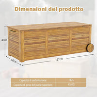 Baule da Esterno con Ruote 182 L, Contenitore da Giardino con Maniglia Laterale, Panca Contenitore in Legno, per Interni e Esterni, 127 x 50 x 45 cm