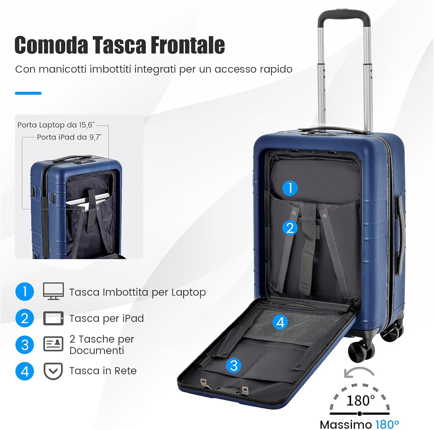 Valigia Bagaglio da 20" con Tasca Frontale, Porta USB, Tavolino Pieghevole, Valigia con Serratura, Ruote Girevoli, Manico Regolabile, Trolley Valigia Rigida Bagaglio da Viaggio (Blu)