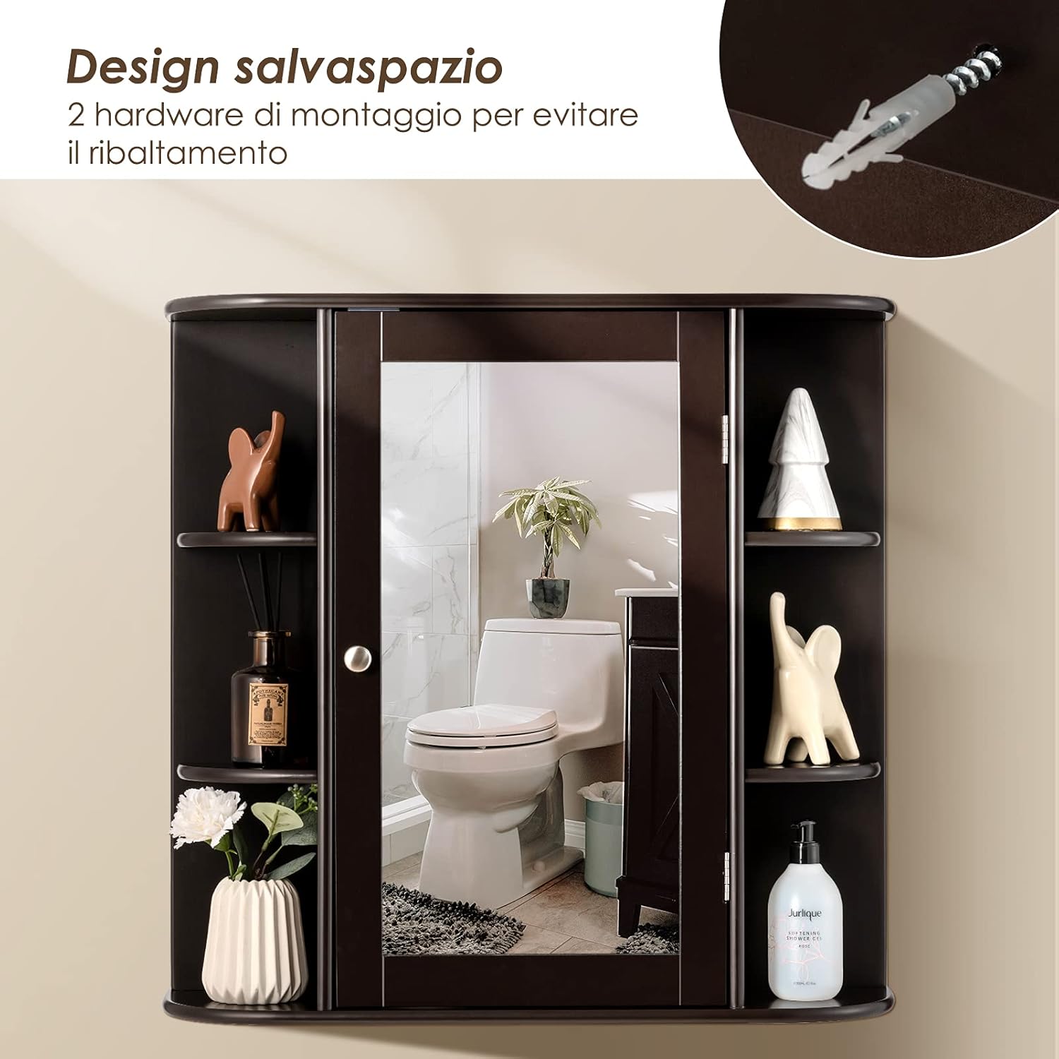 Armadietto del Bagno con Specchio, Armadietto di Legno Appeso con Mensole Regolabili, Armadietto dei Medicinali Multiuso per Bagno Salone Cucina (Marronre)