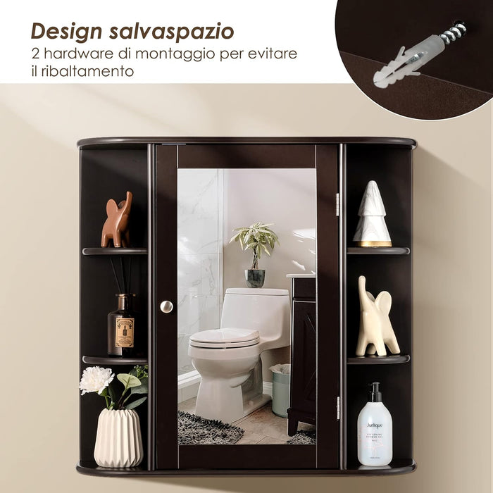 Armadietto del Bagno con Specchio, Armadietto di Legno Appeso con Mensole Regolabili, Armadietto dei Medicinali Multiuso per Bagno Salone Cucina (Marronre)