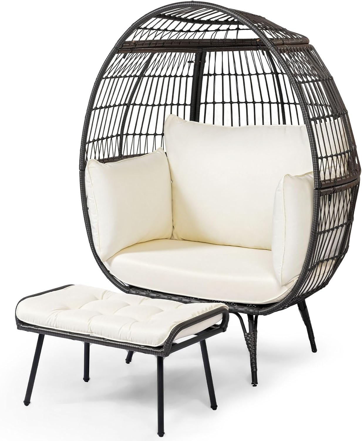 Sedia a Uovo con Poggiapiedi, Poltrona in Rattan con Struttura in Metallo e Cuscini Morbino, Portata 205 kg, Poltrona Relax per Soggiorno, Giardino, Patio e Terrazzo