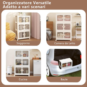 Scatole Immagazzinaggio Impilabili e Pieghevole con Ruote, Armadietto a 3 Ripiani con Ante e Coperchio, Contenitore Trasparente per Camera da Letto e Soggiorno, Bianco (59,5 x 35,5 x 99 cm)