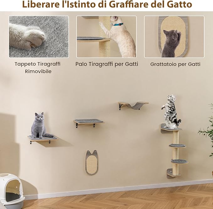 Mensole da Parete per Gatti da Arrampicata, Set Mobili a Muro con 4 Livelli, Amaca, Pannello Graffiato e Tappetini, 2 Piattaforme di Lancio, Albero Tiragraffi Salvaspazio (Modello 4)