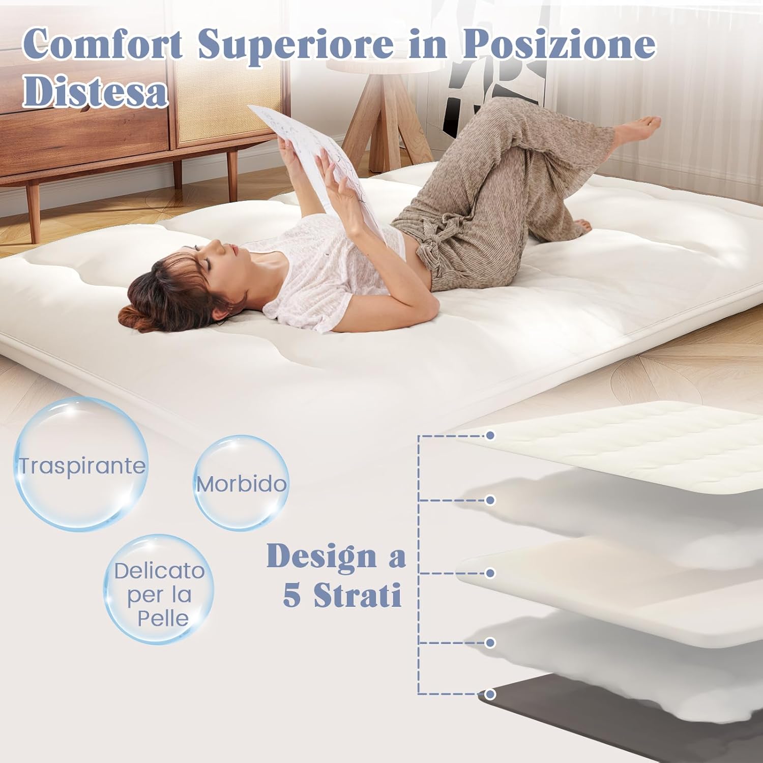 Materasso Futon Pieghevole, Materasso Portatile con Sacca da Trasporto per Camping, Materasso da Terra con Copertura Lavabile (200 x 140 cm, Beige)