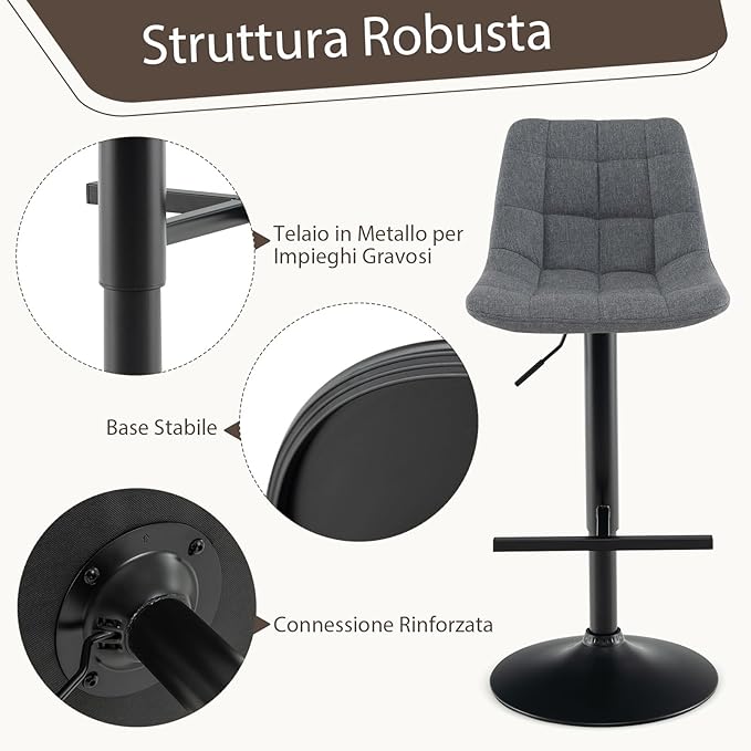 2 Sgabelli Regolabile in Altezza in Tessuto, Sgabello Cucina Girevole a 360° con Poggiapiedi e Seduta Imbottita, Sedia Portata 150 kg per Sala da Pranzo e Penisola Cucina