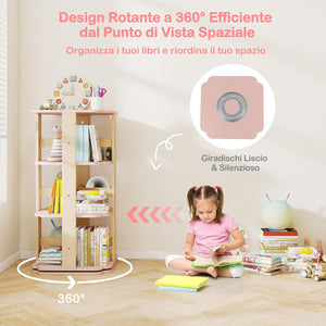 Libreria Girevole per Bambini, Scaffale per Libri in Legno a 3 Livelli con 12 Scomparti, Libreria Angolare e Salvaspazio per Camera da Letto, Studio e Soggiorno, 48 x 48 x 95,5 cm