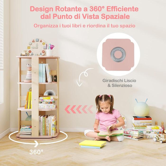 Libreria Girevole per Bambini, Scaffale per Libri in Legno a 3 Livelli con 12 Scomparti, Libreria Angolare e Salvaspazio per Camera da Letto, Studio e Soggiorno, 48 x 48 x 95,5 cm