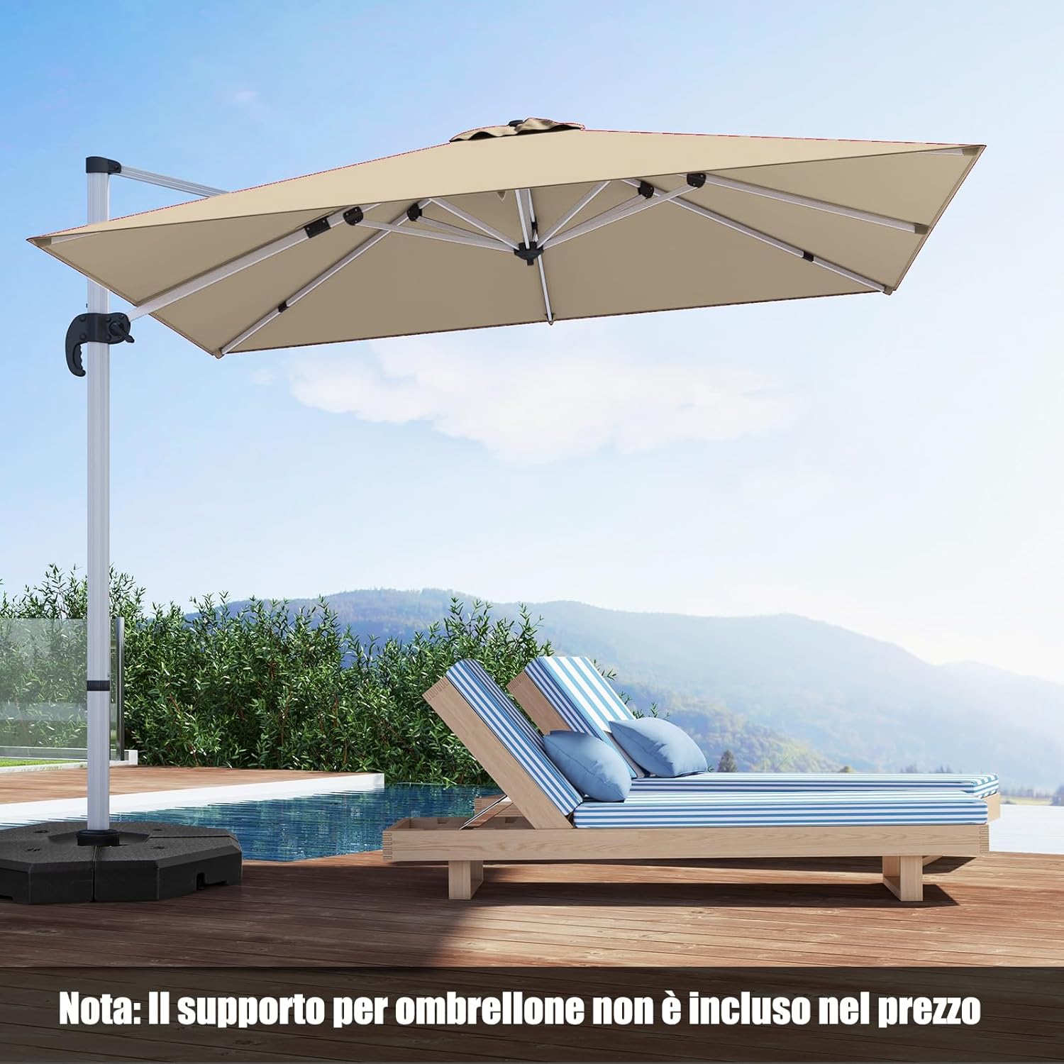 Ombrellone da Giardino 300 cm, Ombrellone Quadrato da Esterno con Rotazione a 360°, Inclinazione Regolabile, Base a Croce, 8 Stecche (Beige, 300 x 300 x 261 cm)