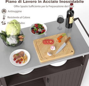 Carrello per Grill da Esterno, Carrello in Metallo con Armadietto, Ruote Bloccabili Universali, Ripiani e Piano in Acciaio Inox, Isola da Cucina per Barbecue, Festa e Campeggio