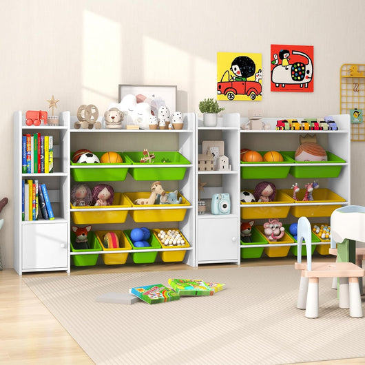 Mobile Porta Giochi per Bambini, Libreria e Scaffale per Giocattoli a 4 Livelli con 8 Contenitori 1 Anta, Libreria Multiuso per Bambini per Cameretta Soggiorno Asilo Nido
