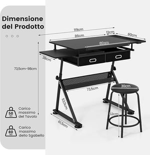 Tavolo da Disegno Scrivania per Arte con Cassetti e Sgabello, Regolabile in Altezza ed inclinabile (nero)