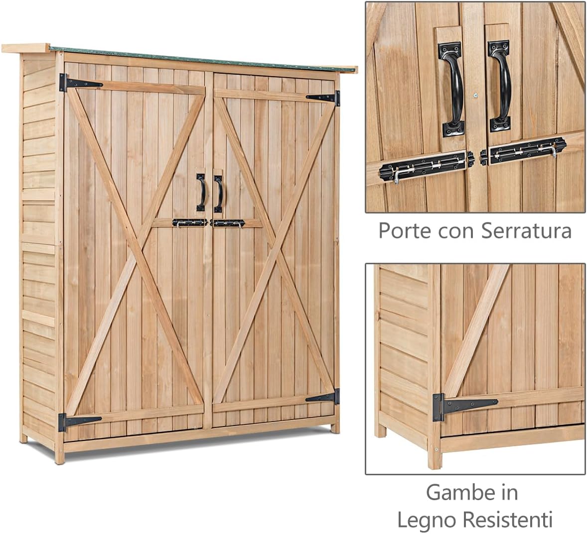 Capanno da Giardino, Ripostiglio da Esterno con 2 Porte e Ripiani, Casetta Porta Attrezzi in Legno con Serratura, 140 x 50 x 162 cm