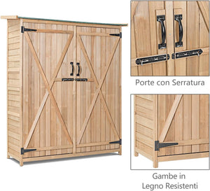 Capanno da Giardino, Ripostiglio da Esterno con 2 Porte e Ripiani, Casetta Porta Attrezzi in Legno con Serratura, 140 x 50 x 162 cm