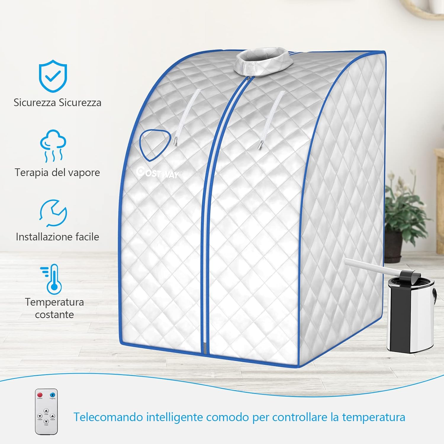 Sauna a Vapore Portatile 3 L, Cabina Domestica per SPA, 9 Temperature Regolabili, 15-90 Minuti, Telecomando e Sedia, 1000W (Argento)
