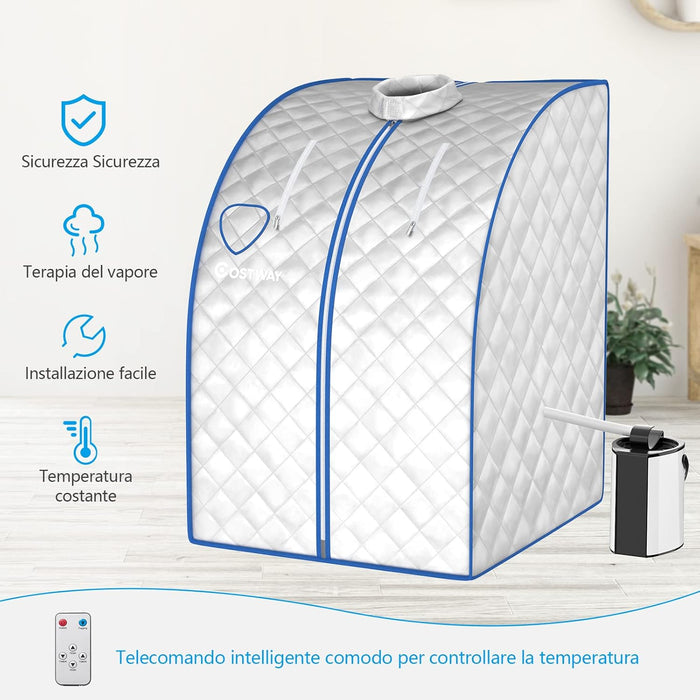 Sauna a Vapore Portatile 3 L, Cabina Domestica per SPA, 9 Temperature Regolabili, 15-90 Minuti, Telecomando e Sedia, 1000W (Argento)