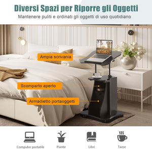 Scrivania Regolabile in Altezza con Ruote, Standing Desk Mobile con Piano Inclinabile e Scomparti, Scrivania per Laptop Ergonomica con Rotelle per Ufficio e Casa, Nera