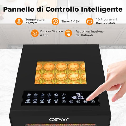 Essiccatore Alimentare 850W Con 10 Vassoi Inox, 10 Programmi, Temperatura da 30 a 75℃, Funzione Timer 48h, Disidratatore per Frutta, Carne, Verdure, Erbe