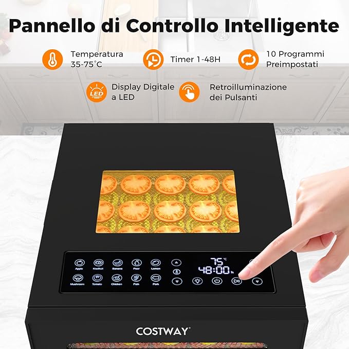 Essiccatore Alimentare 850W Con 10 Vassoi Inox, 10 Programmi, Temperatura da 30 a 75℃, Funzione Timer 48h, Disidratatore per Frutta, Carne, Verdure, Erbe